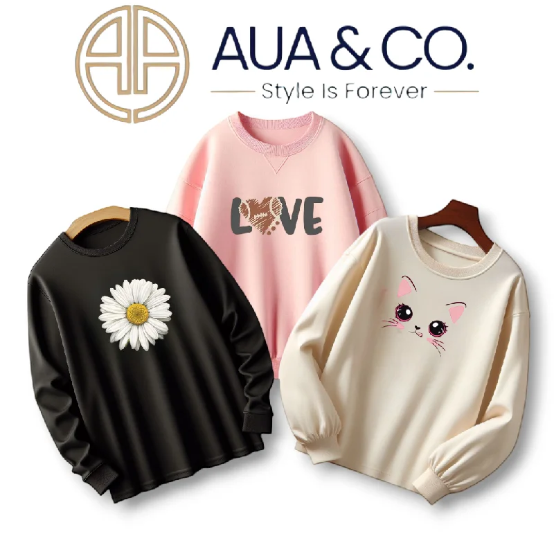 AUA&CO Pack Of 3 Women Sweatshirts - Black, Pink, Cream Beige With Unique Prints 🌸 | Hoodie with Contrast Stitching Detailed Premium