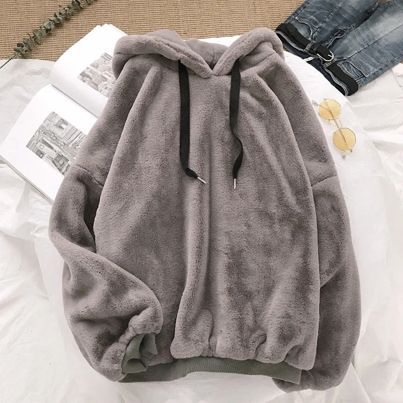 Autumn Winter Coats Soild Sweet Hooded Women Harajuku Loose Casual Warm Hoodies Ladies Fleece Flannel Pullover Female Sweatshirt Oversized Hoodie Comfort Casual