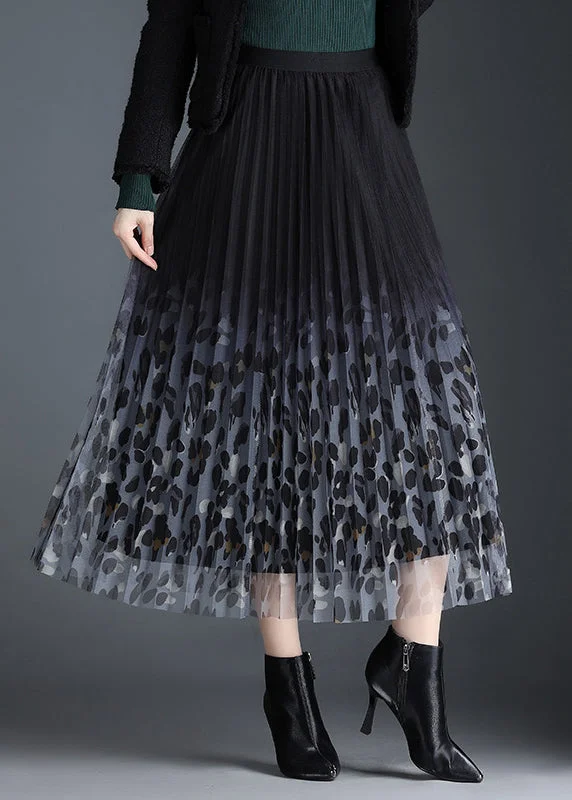 Beautiful Black Tulle Print Pleated Fall Skirt midi skirt versatile