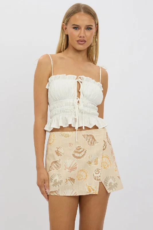 Beige Abstract Mini Skort Skirt High Rise Linen Blend Lined corduroy skirt durable