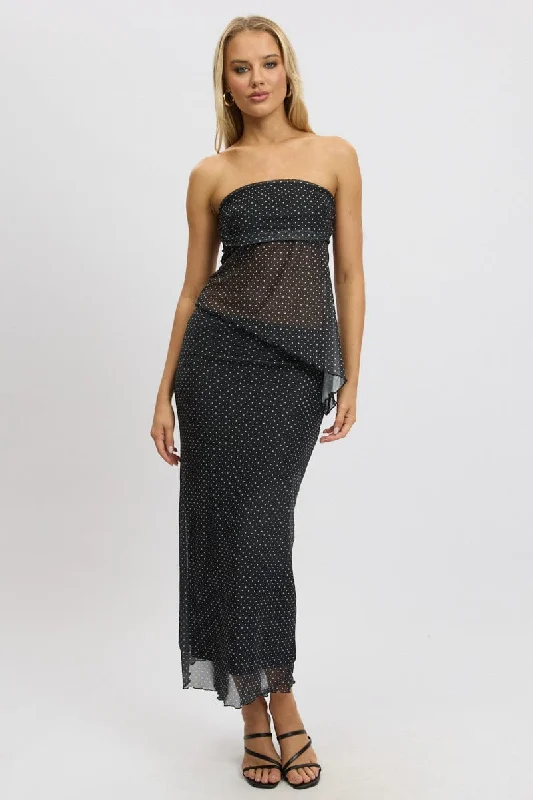 Black Polka Dot Mesh Skirt Elasticated Picot Trim Midaxi linen skirt airy