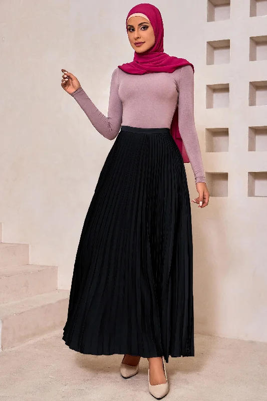 Black Satin Pleated Maxi Skirt-Preorder cashmere skirt rich