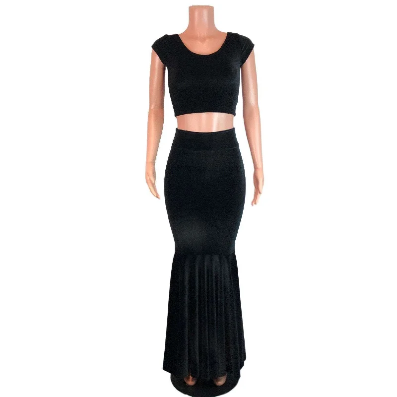 Black Velvet Morticia Outfit - Mermaid Long Fit n Flare Skirt and Cap Sleeve Crop Top chiffon skirt delicate