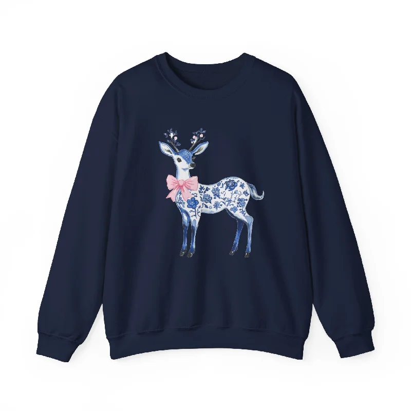 Blue Pink Reindeer Coquette Sweatshirt Hoodie with Hem Embroidery Detailed Premium