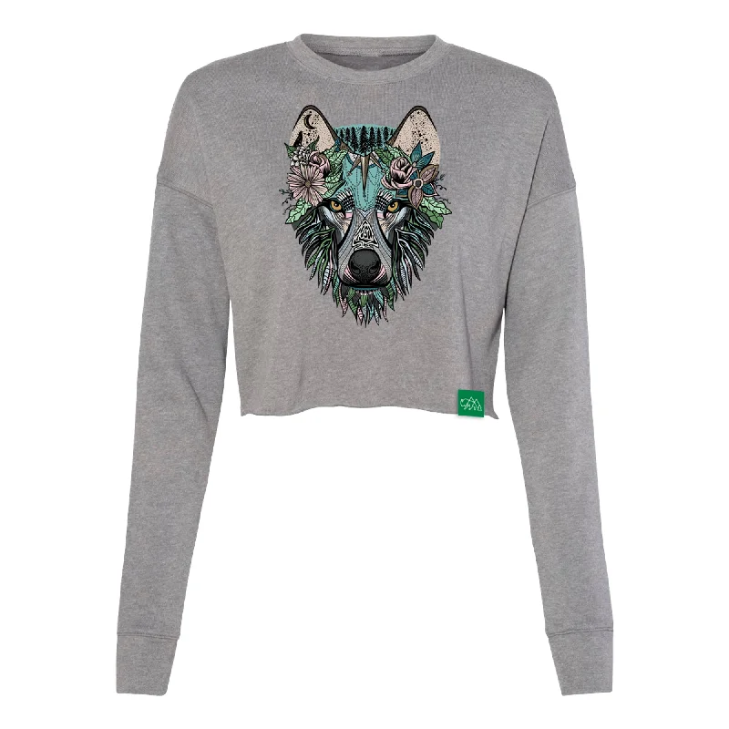 Boho Wolf Women's Crop Crew Sweatshirt Hoodie with Velcro Closure Adjustable Secure