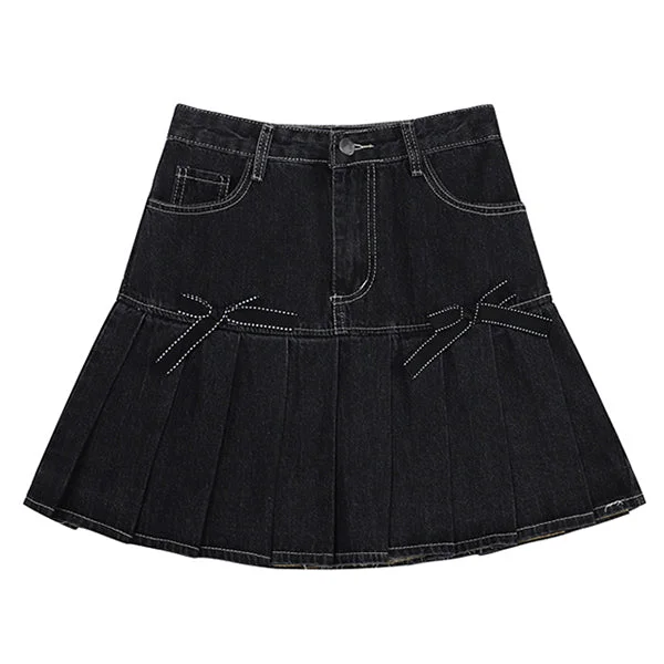 Bow Denim Pleated Skirt midi skirt versatile