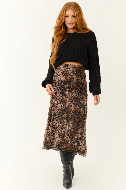 Camel and Black Leopard Print Midi Skirt denim skirt fashionable
