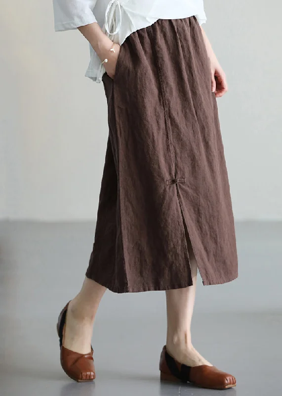 Casual Versatile Coffee Chinese Button Linen Skirt Summer denim skirt classic