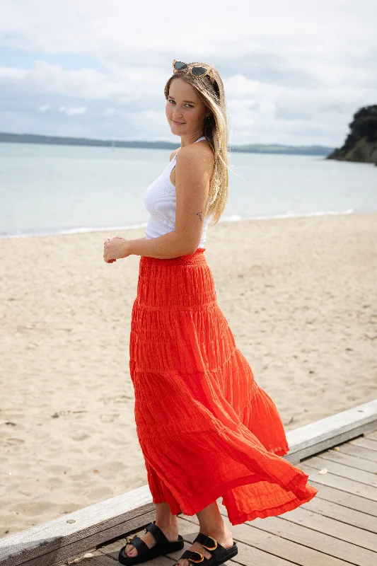 Charming Sunset Shirred Cotton Tiered Maxi Skirt lace skirt romantic