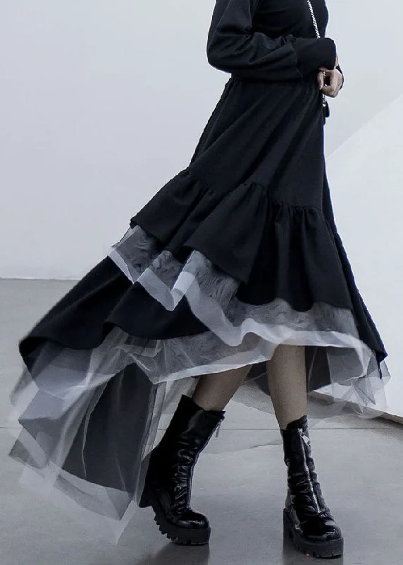 Chic Black Asymmetrical Tulle Patchwork Elastic Waist Cotton A Line Skirt Summer denim skirt classic