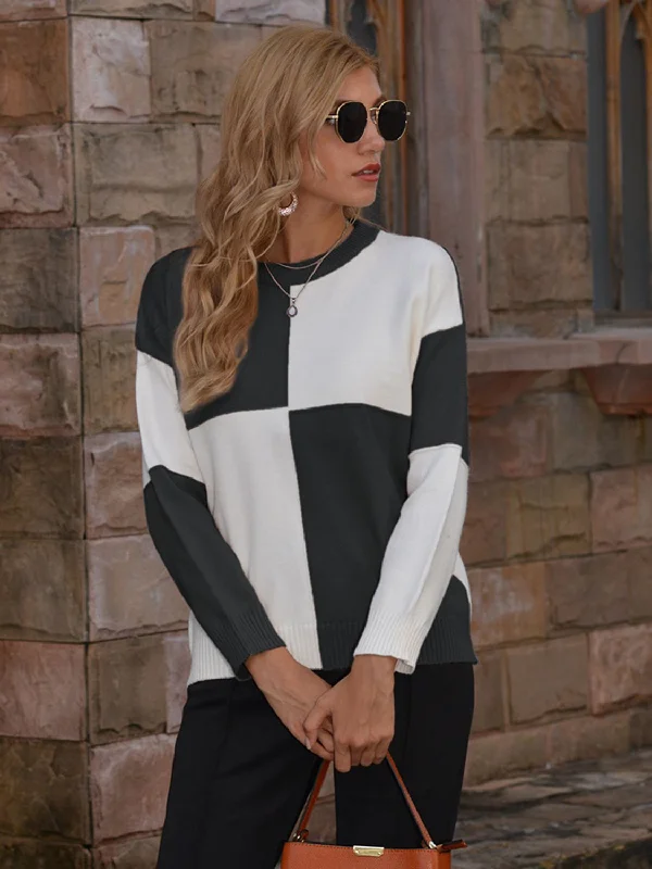 Contrast Round Neck Drop Shoulder Sweater Long Sweater Short Sweater Cropped Sweater