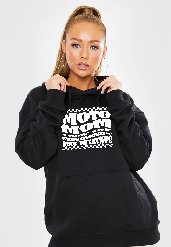 MOTO MOM Race Hoodie - Black Fan apparel Hoodie with Ribbed Neckline Snug Warm
