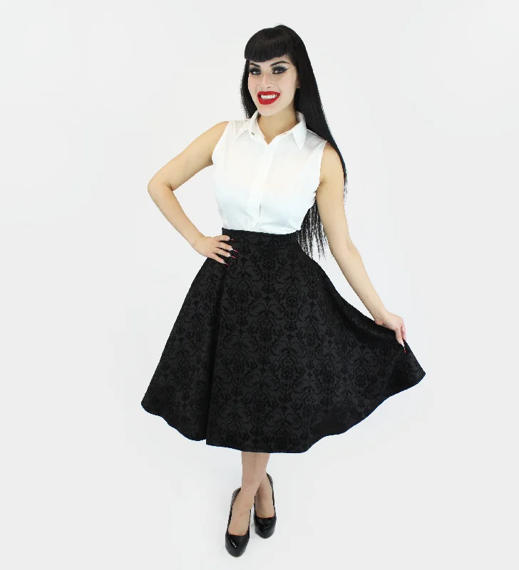 Damask Black Full Circle Skirt zip skirt side