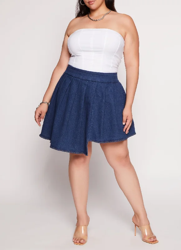 Plus Size Daisy Asymmetrical Pleated Denim Skort belted skirt waist