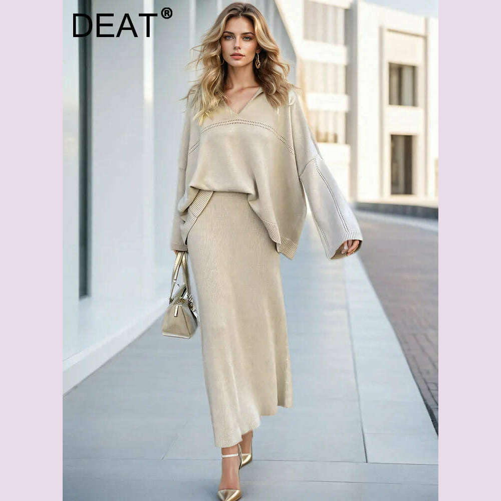 DEAT Fashion Women's 2 Pcs Set V-neck Loose Fit Long Sleeves Sweater High Waist Ankle-length Skirt Suit Autumn 2024 New 7AB4889 chiffon skirt lightweight