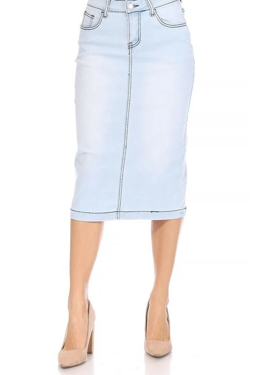 Lt. Indigo Denim Skirt w/ Washed Effect high slit skirt
