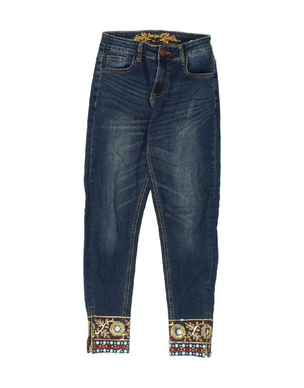 DESIGUAL Womens Crop Tapered Jeans W26 L26  Blue Floral Cotton Stylish Paperbag Waist Denim