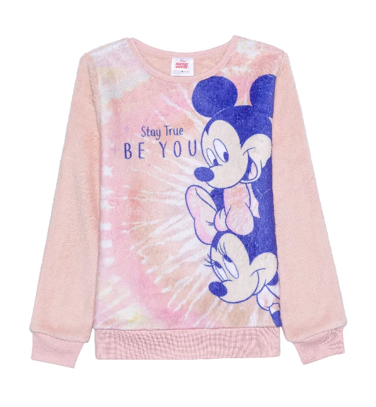 Disney Big Girls Mickey Minnie Cozy Pullover Sweatshirt Hoodie with Hem Drawcord Adjustable Customizable