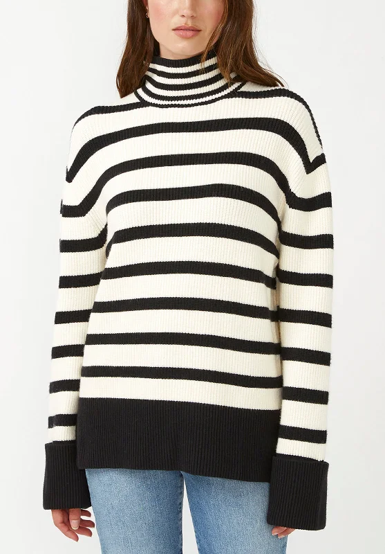 Drew Women's Funnel Neck Sweater in Black & White Stripe - SW0020F Open Front Closed Front Wrap Front