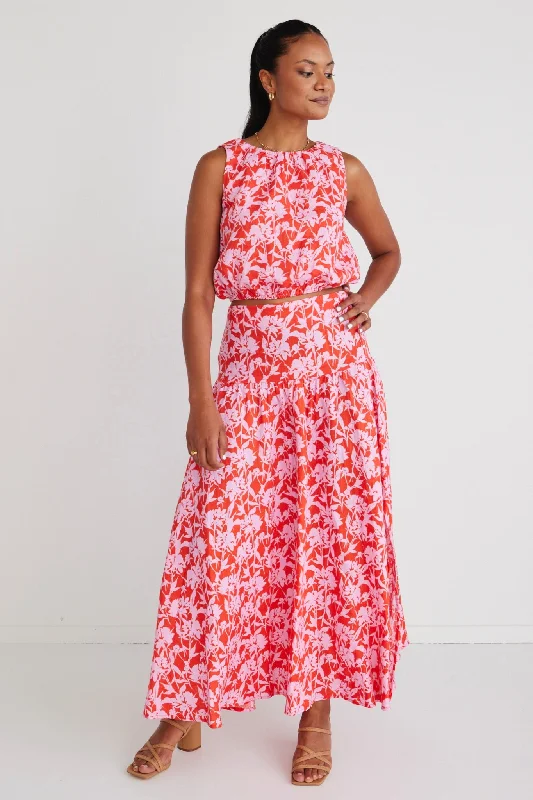 Edgy Floral Shadows Tiered Maxi Skirt floral skirt print