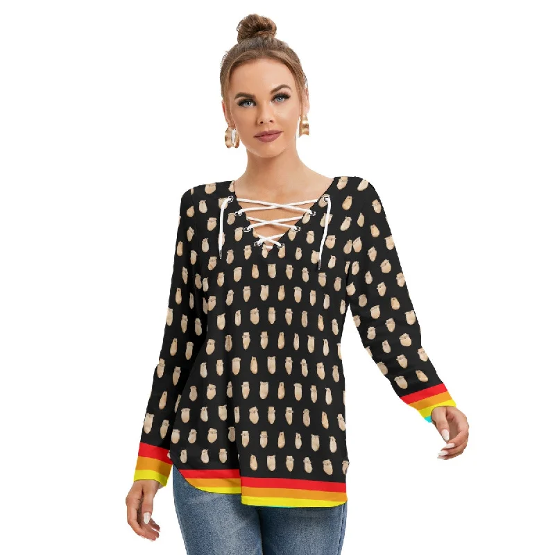 Elk Teeth on Black Women's Long Sleeve Neckline Tie Sweatshirt Hoodie with Snap Buttons Easy Quick Elk Teeth on Black Women's Long Sleeve Neckline Tie Sweatshirt Hoodie with Snap Buttons Easy Quick