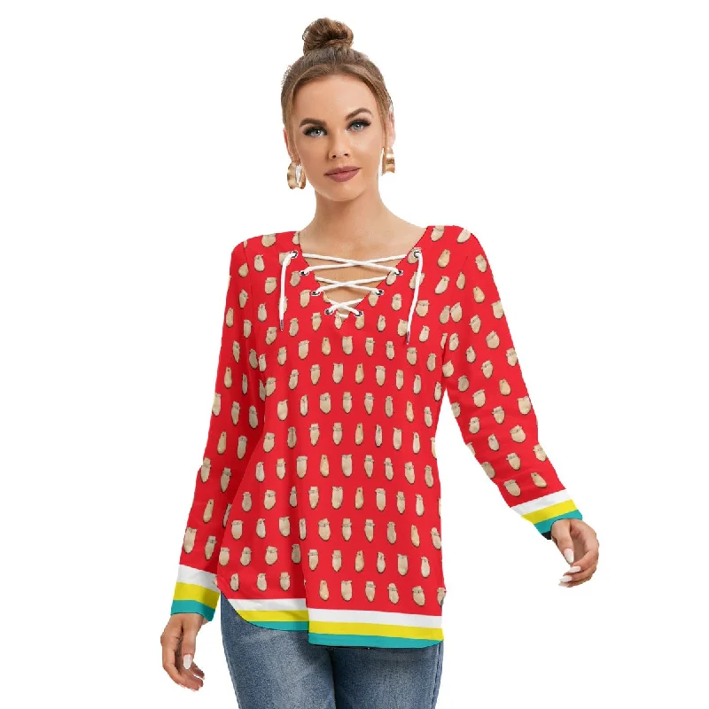 Elk Teeth on Red Women's Long Sleeve Neckline Tie Sweatshirt Hoodie with Thumb Holes Functional Cozy