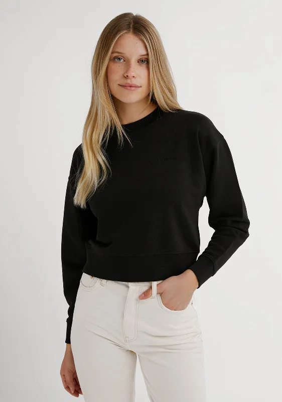 Embroidery Logo Cropped Crew Neck Sweatshirt / Black Hoodie with Ribbed Cuffs Snug Fit Comfort Embroidery Logo Cropped Crew Neck Sweatshirt / Black Hoodie with Ribbed Cuffs Snug Fit Comfort
