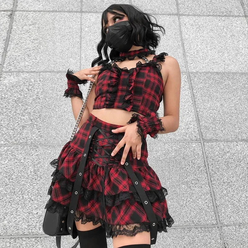 Harajuku Plaid Gothic Girl High Waist Plaided Lolita Mini Sets Japanese Fashion Streetwear Skirt chiffon skirt airy