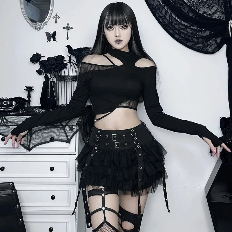 Harajuku Gothic Dark Women CyberY2k E-girl Streetwear Hip Hop Eyelet Ribbons Mesh Patchwork Cake Skirt cashmere skirt rich