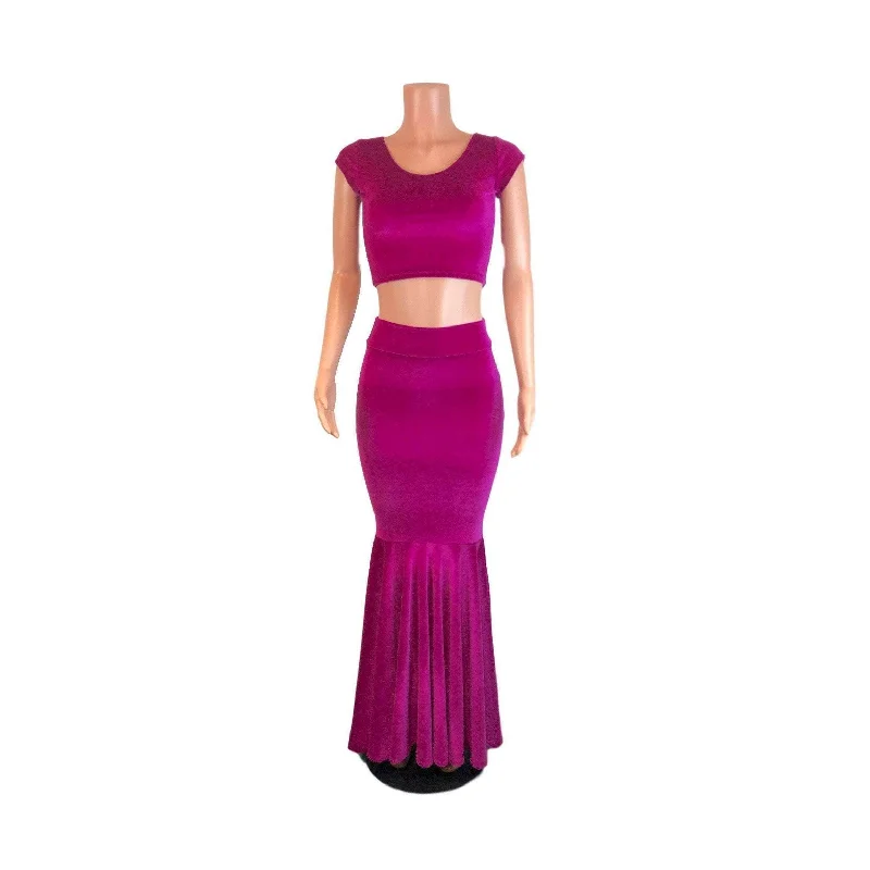 Fuchsia Pink Velvet Morticia Outfit - Mermaid Long Fit n Flare Skirt and Cap Sleeve Crop Top high waist skirt