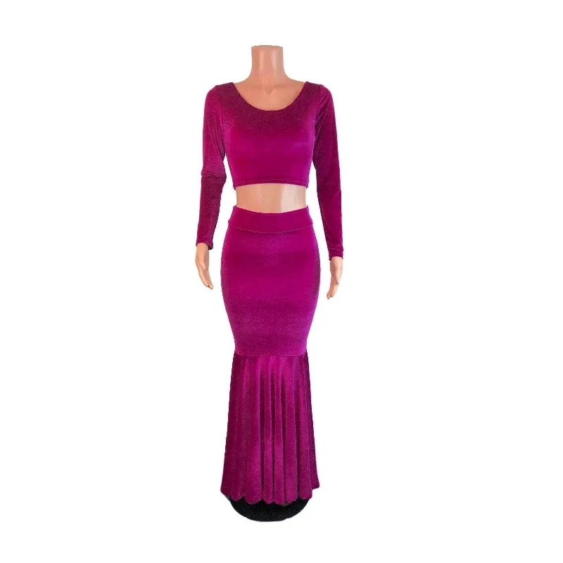 Fuchsia Pink Velvet Morticia Outfit - Mermaid Long Fit n Flare Skirt and Long Sleeve Crop Top wool skirt sturdy