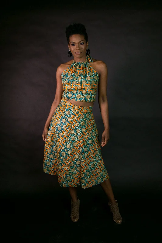 Halter Crop Top with matching A-Line Wrap Skirt velvet skirt glossy