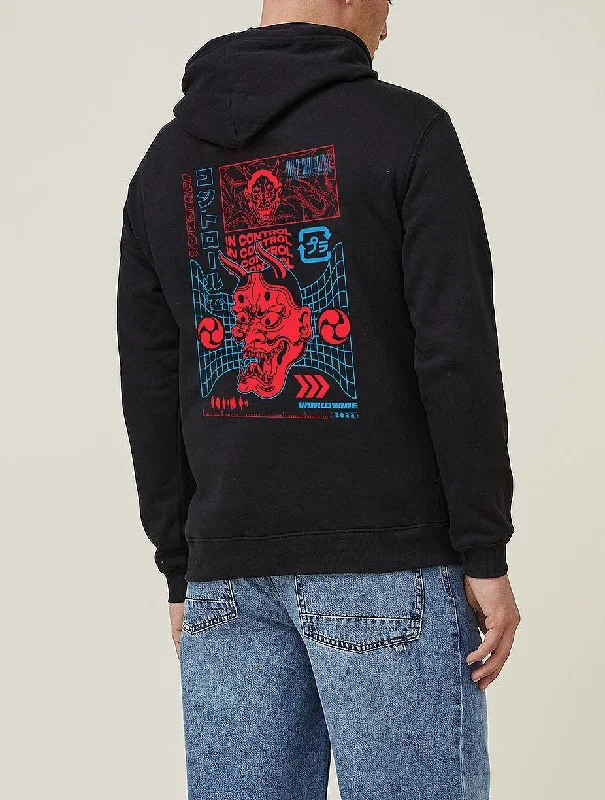 In Control Hannya Mask Black Hoodie Hoodie with Side Slits Relaxed Casual