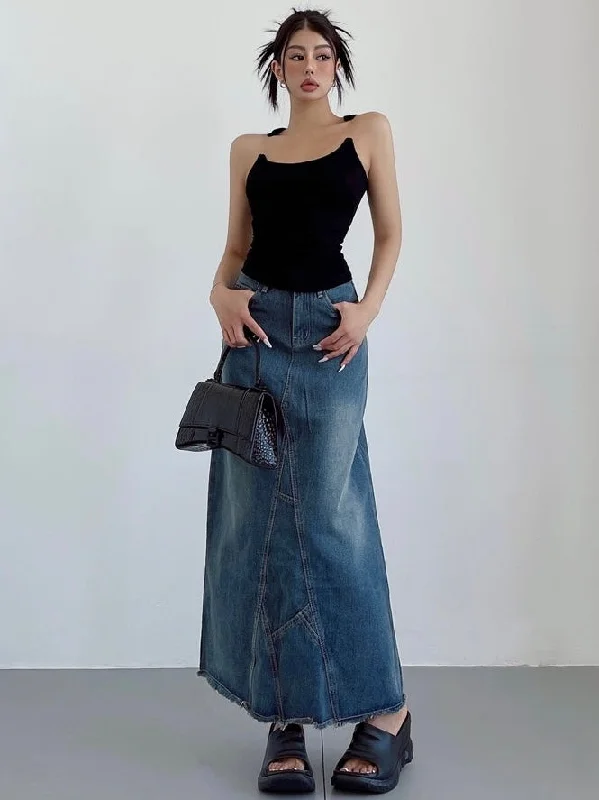 Ianna Denim Blue Retro High-rise Split Mid-Length Fishtail A-line Jeans Skirt corduroy skirt textured