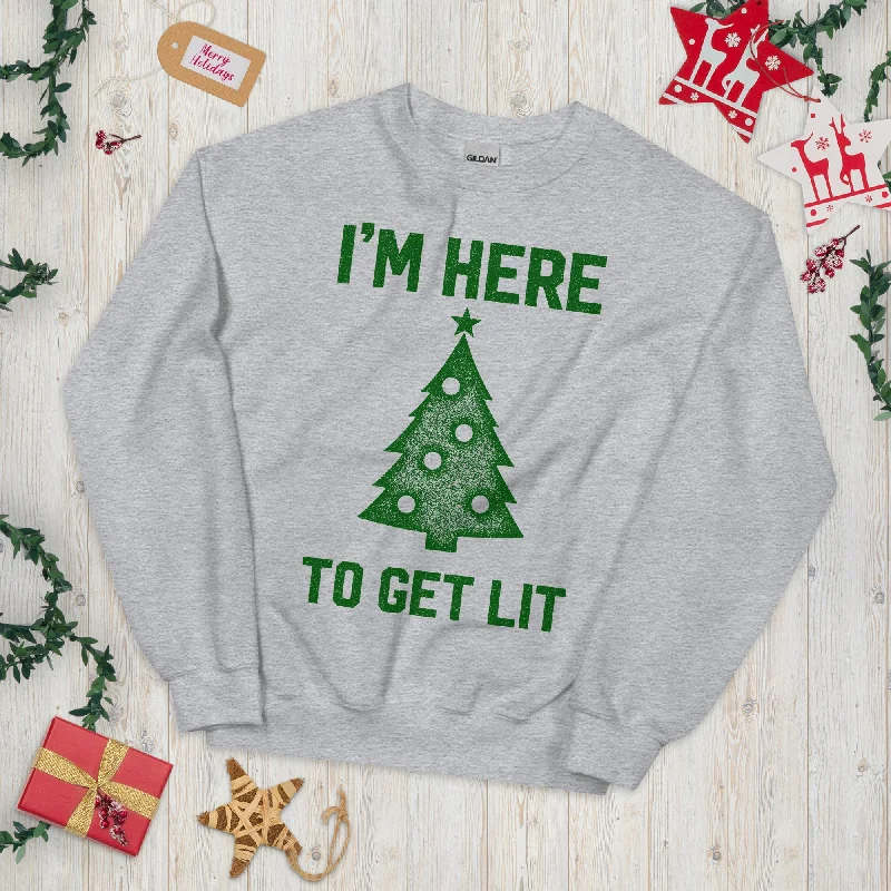 I'm Here To Get Lit Christmas Crewneck Sweatshirt Hoodie with Thumb Holes Functional Cozy I'm Here To Get Lit Christmas Crewneck Sweatshirt Hoodie with Thumb Holes Functional Cozy