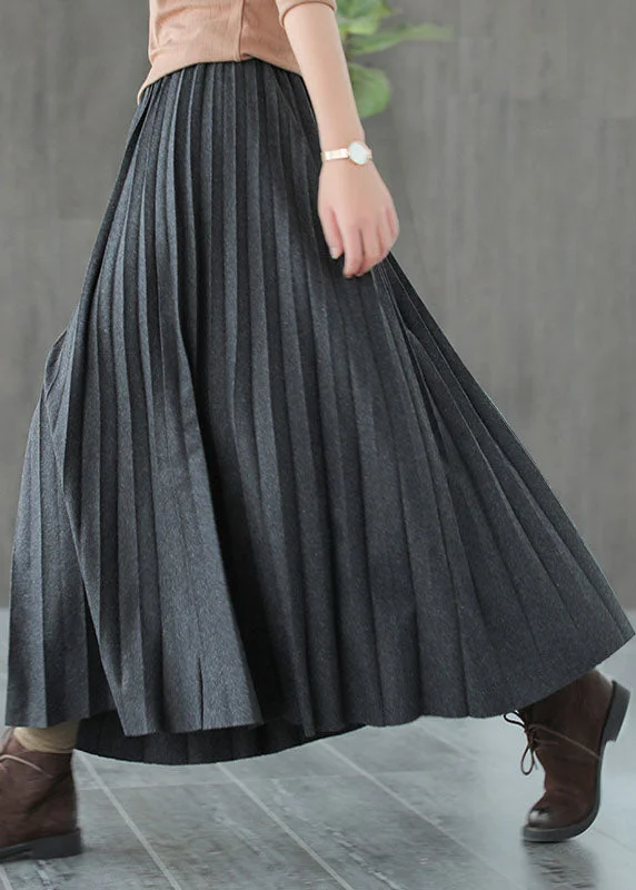Italian Grey Black Casual Woolen Pleated Fall Skirts ruffled skirt detail