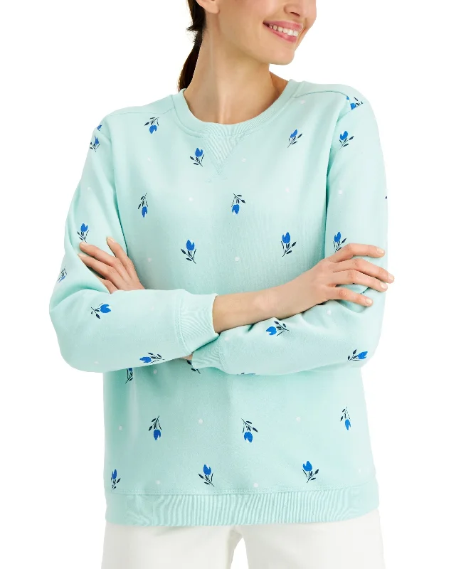 Karen Scott Printed Fleece Sweatshirt Hoodie with Side Slits Relaxed Casual