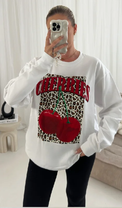 Leopard Cherry Slogan SWEATER JUMPER Velvet Chenille Corduroy