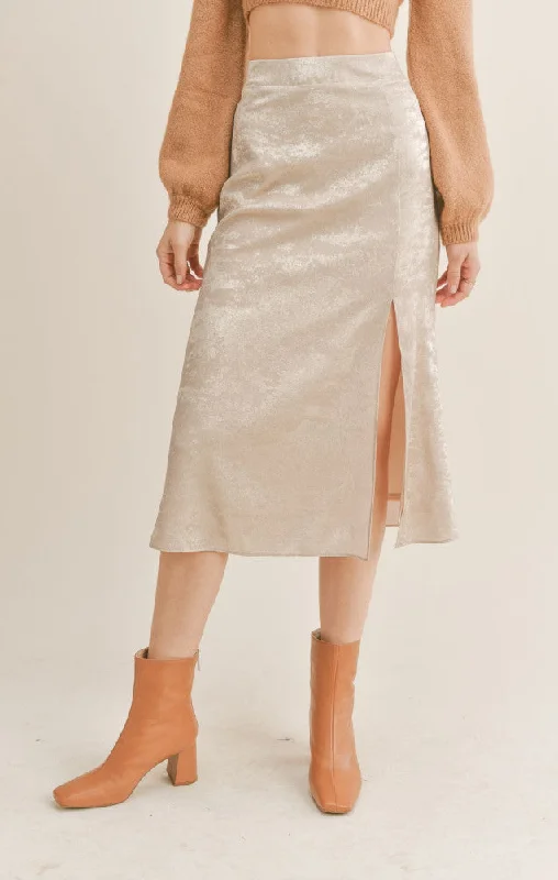 Sage the Label Luxe Life Midi Skirt with Slit in Champagne velvet skirt plush