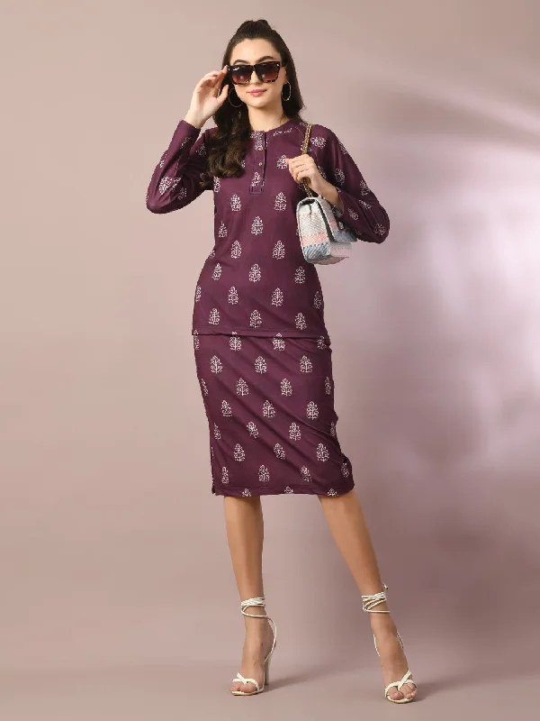 Women's  Magenta Printed Round Neck Party Top With Skirt Co-Ord Set  - Myshka lace skirt feminine