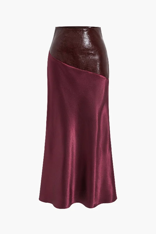 Satin Patchwork Faux Leather Asymmetrical Skirt midi skirt versatile