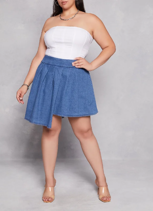 Plus Size Daisy Asymmetrical Pleated Denim Skort maxi skirt elegant