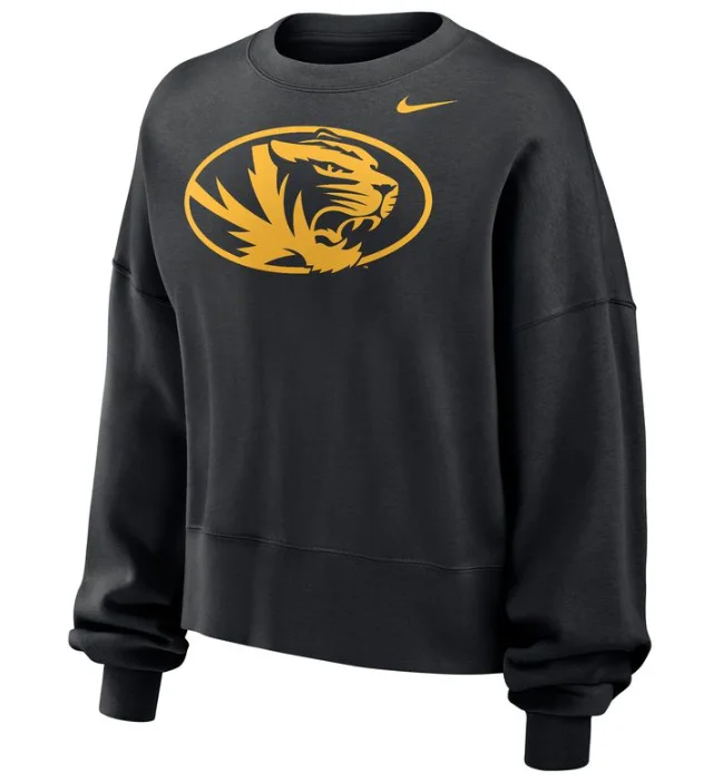 Mizzou Tigers Nike® 2024 Women's Oval Tiger Head Phoenix Oversized Black Sweatshirt Hoodie with Crew Neck Simple Timeless Mizzou Tigers Nike® 2024 Women's Oval Tiger Head Phoenix Oversized Black Sweatshirt Hoodie with Crew Neck Simple Timeless