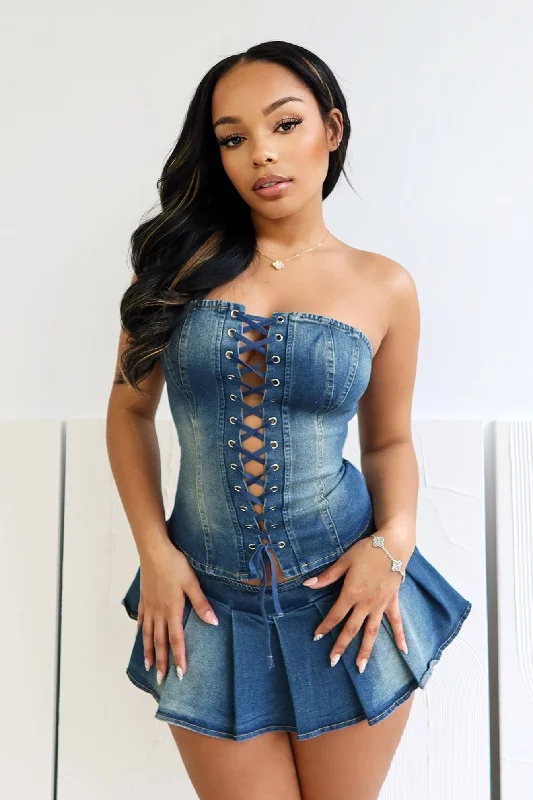 Muted Blue Denim Corset Top & Skirt SET high slit skirt