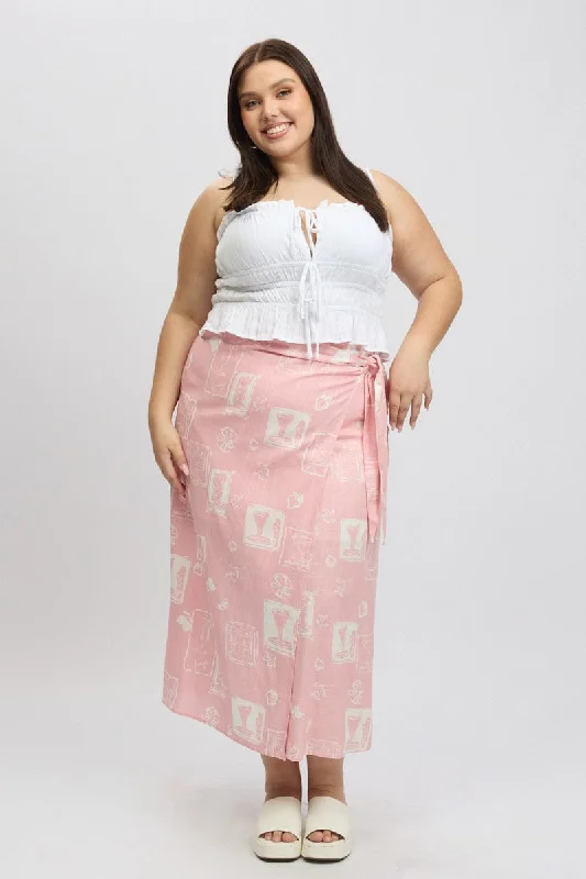 Pink Abstract Faux Wrap Linen Blend Midi Skirt denim skirt durable