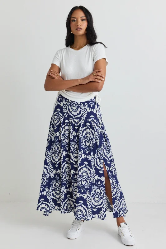 Pisces Navy Tile Print Tiered Split Front Maxi Skirt wrap skirt elegant