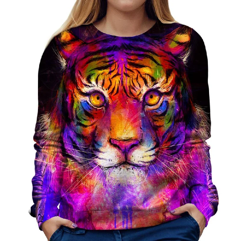 Psychedelic Tiger Womens Sweatshirt Hoodie with Hem Raw Edge Edgy Unfinished