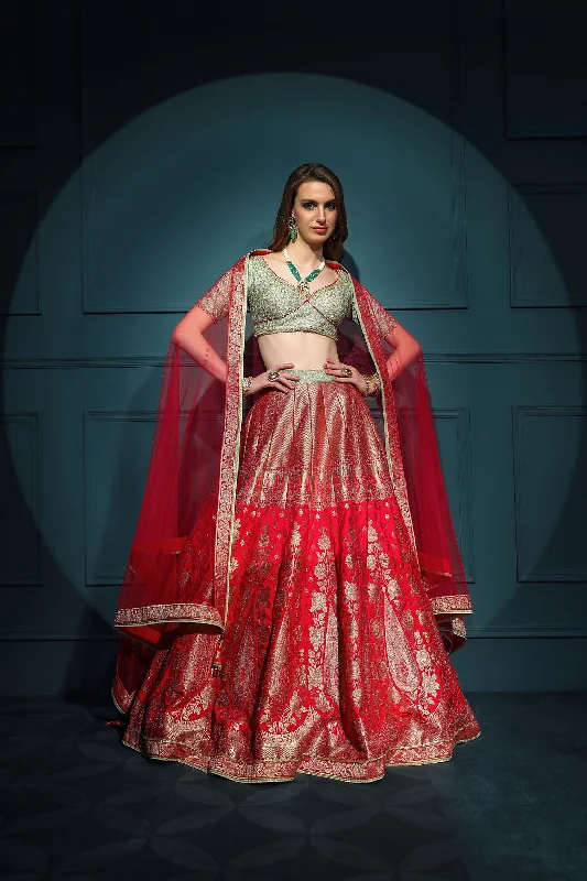 Mint Blouse with Red banarasi Skirt silk skirt luxurious