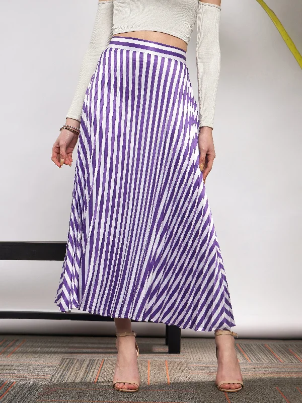 Women Purple & White Satin Striped Accordion Pleated Maxi Skirt wool skirt warm