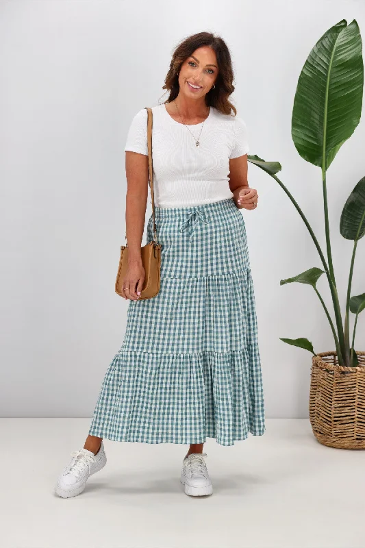 Shine On Label Vega Tiered Maxi Skirt Teal Gingham velvet skirt luxury